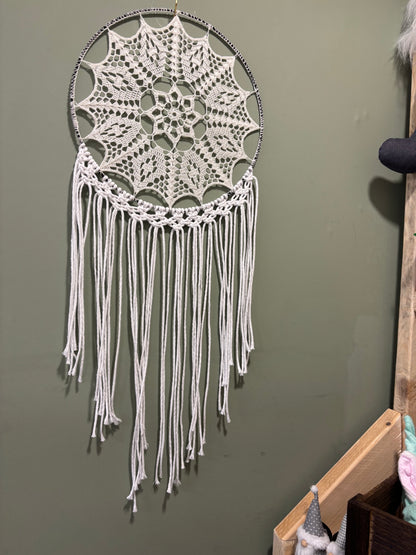 Handmade Crochet Dreamcatcher – White Mandala Wall Hanging (30cm)