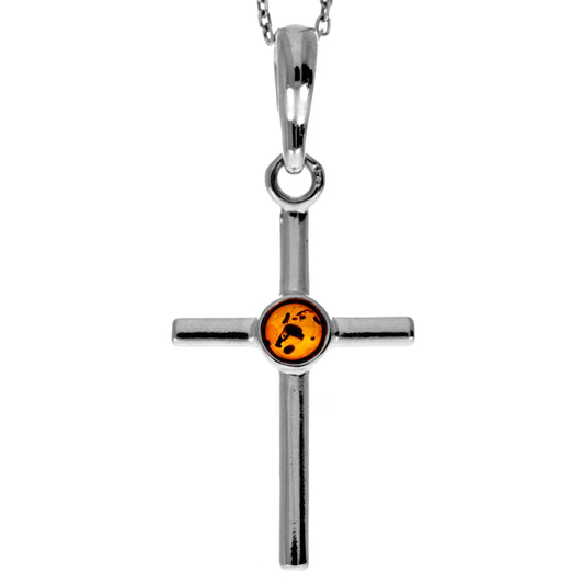 SilverAmber Jewellery - 925 Sterling Silver & Genuine Baltic Amber Classic Cross Pendant - 1987