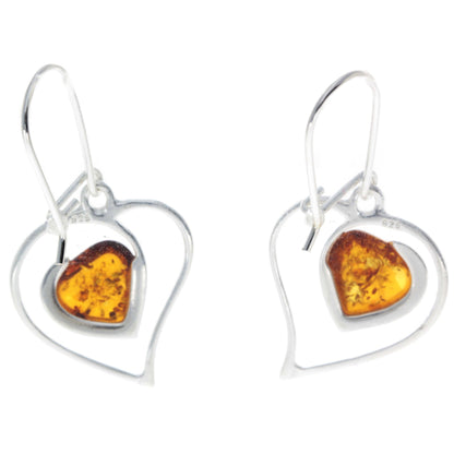 SilverAmber Jewellery - 925 Sterling Silver & Genuine Baltic Amber Large Hearts Earrings - GL127