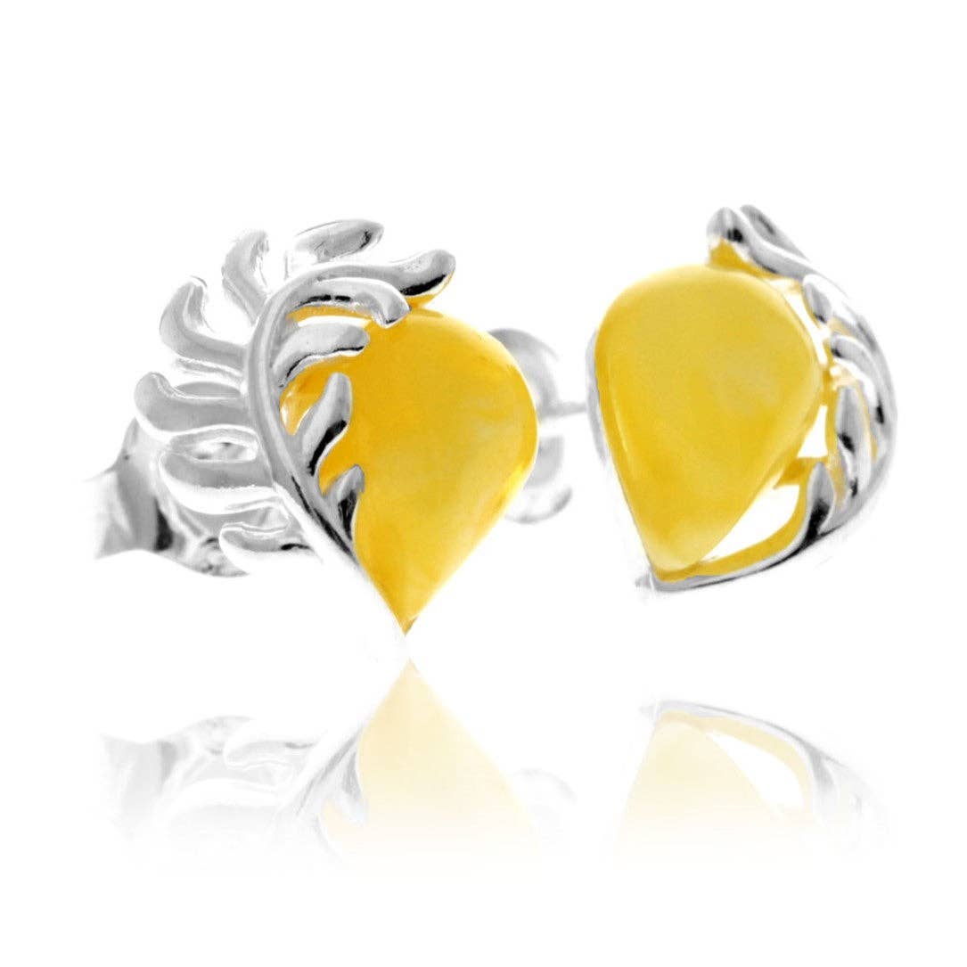 SilverAmber Jewellery - 925 Sterling Silver & Genuine Baltic Amber Contemporary Teardrop Leaf Studs Earrings - GL1054