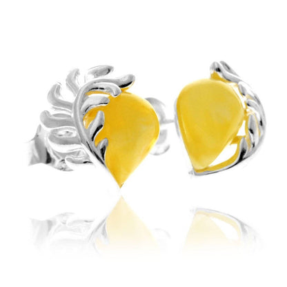 SilverAmber Jewellery - 925 Sterling Silver & Genuine Baltic Amber Contemporary Teardrop Leaf Studs Earrings - GL1054