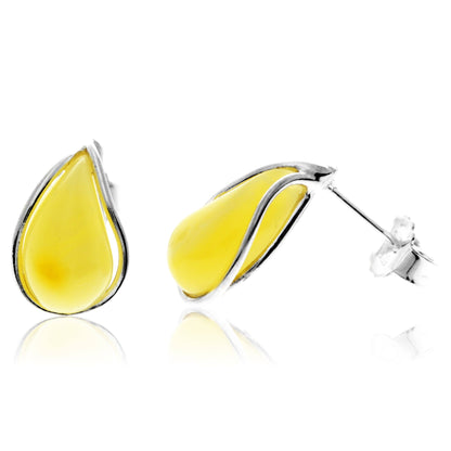 SilverAmber Jewellery - 925 Sterling Silver & Baltic Amber Modern Teardrop Studs Earrings - G029S