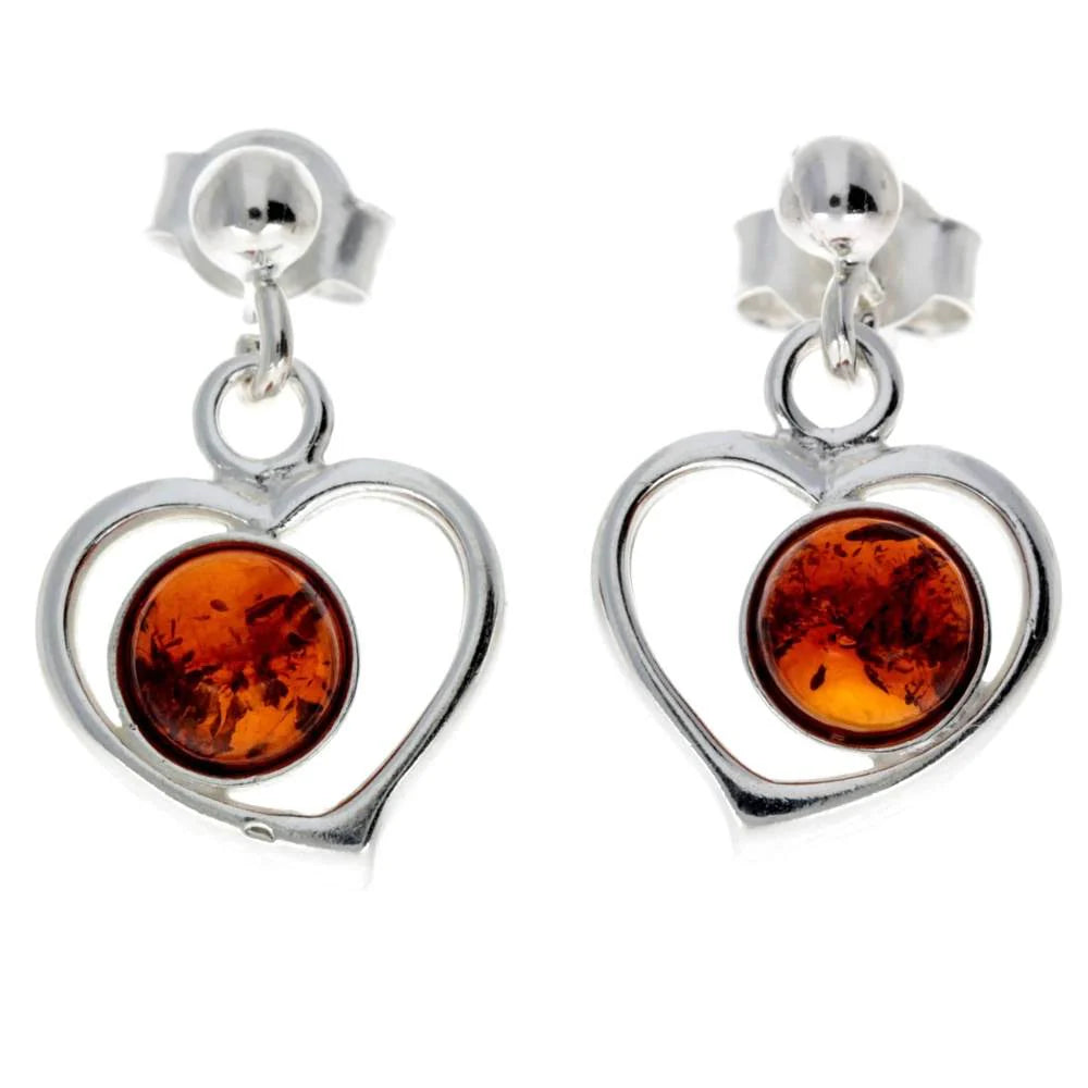 Sterling Silver Heart Amber Earrings – Baltic Amber Dangle Studs (Cognac or Green)
