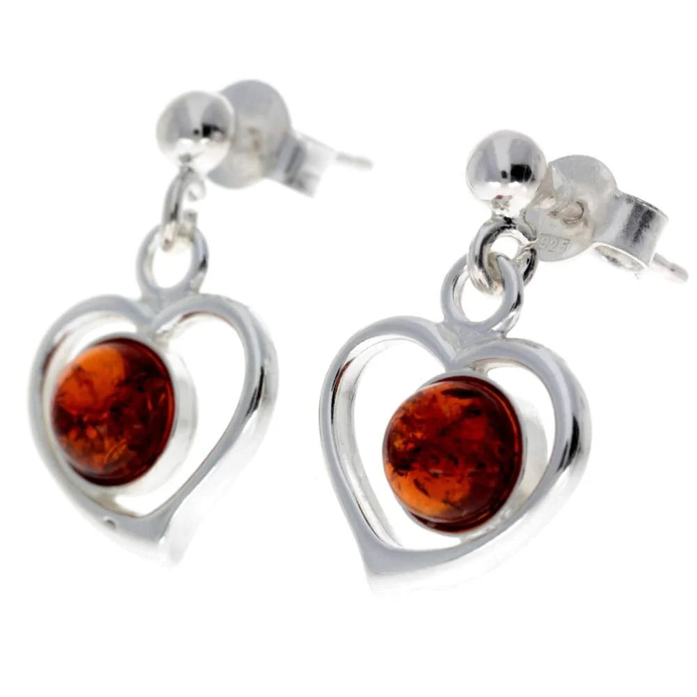 Sterling Silver Heart Amber Earrings – Baltic Amber Dangle Studs (Cognac or Green)