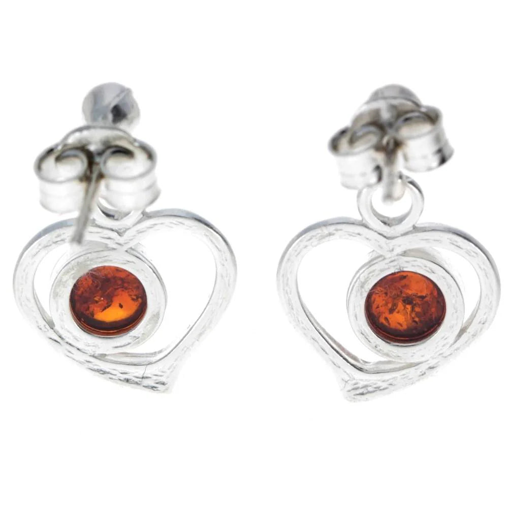 Sterling Silver Heart Amber Earrings – Baltic Amber Dangle Studs (Cognac or Green)