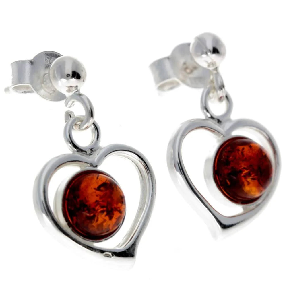 Sterling Silver Heart Amber Earrings – Baltic Amber Dangle Studs (Cognac or Green)