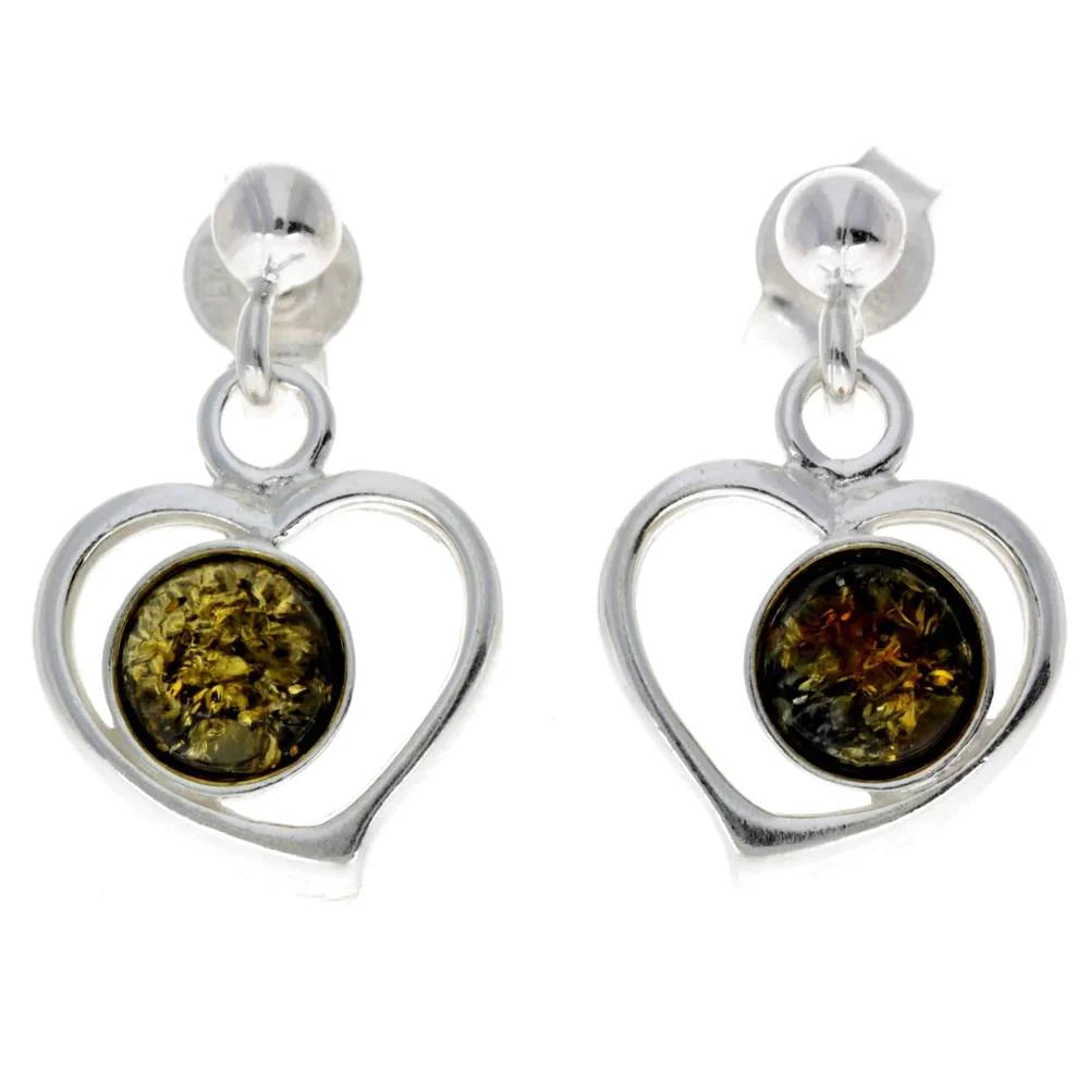 Sterling Silver Heart Amber Earrings – Baltic Amber Dangle Studs (Cognac or Green)