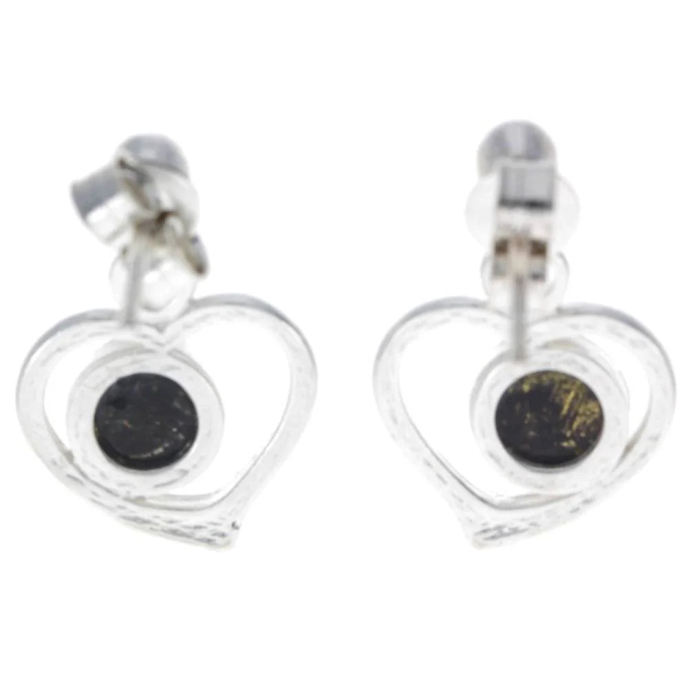 Sterling Silver Heart Amber Earrings – Baltic Amber Dangle Studs (Cognac or Green)