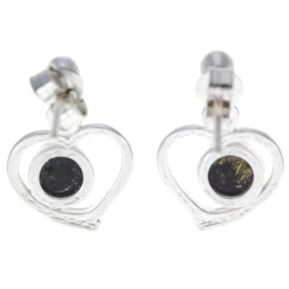 Sterling Silver Heart Amber Earrings – Baltic Amber Dangle Studs (Cognac or Green)