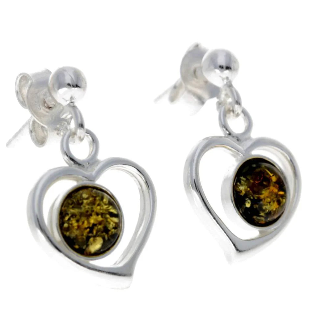 Sterling Silver Heart Amber Earrings – Baltic Amber Dangle Studs (Cognac or Green)