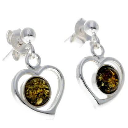 Sterling Silver Heart Amber Earrings – Baltic Amber Dangle Studs (Cognac or Green)