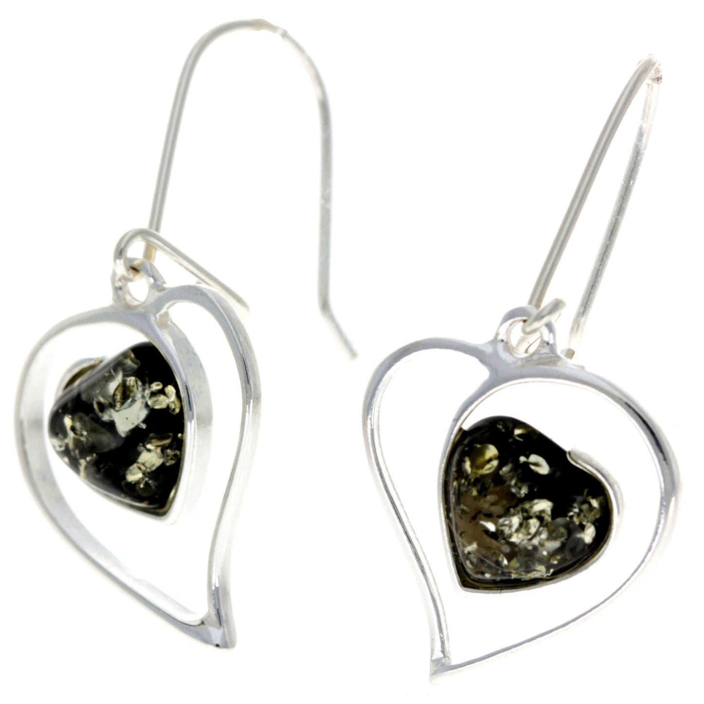 SilverAmber Jewellery - 925 Sterling Silver & Genuine Baltic Amber Large Hearts Earrings - GL127