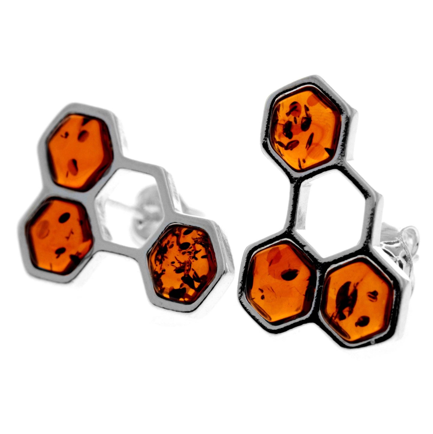 SilverAmber Jewellery - 925 Sterling Silver & Genuine Baltic Amber Honeycombs Studs Earrings - GL1018