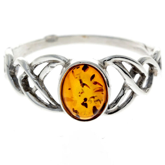 Amber Celtic Ring – Genuine Cognac Baltic Amber in 925 Sterling Silver