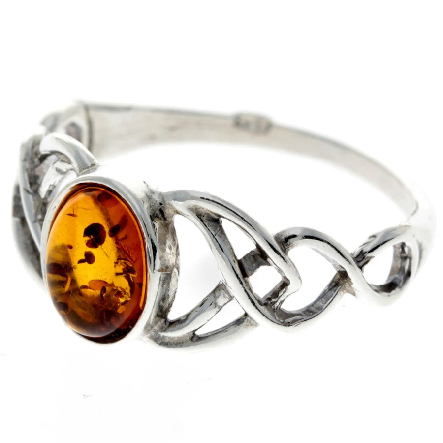 Amber Celtic Ring – Genuine Cognac Baltic Amber in 925 Sterling Silver