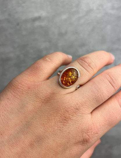 SilverAmber Jewellery - 925 Sterling Silver & Baltic Amber Classic Adjustable Ring - GL464