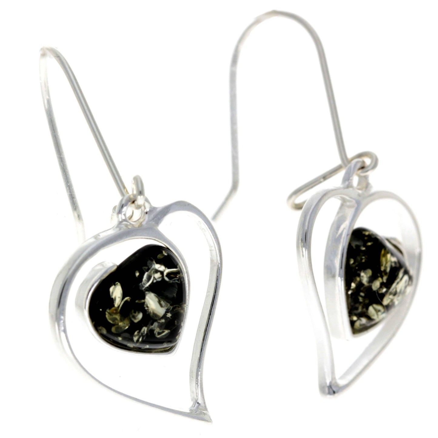 SilverAmber Jewellery - 925 Sterling Silver & Genuine Baltic Amber Large Hearts Earrings - GL127