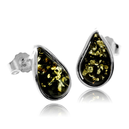 SilverAmber Jewellery - 925 Sterling Silver & Baltic Amber Modern Teardrop Studs Earrings - G029S