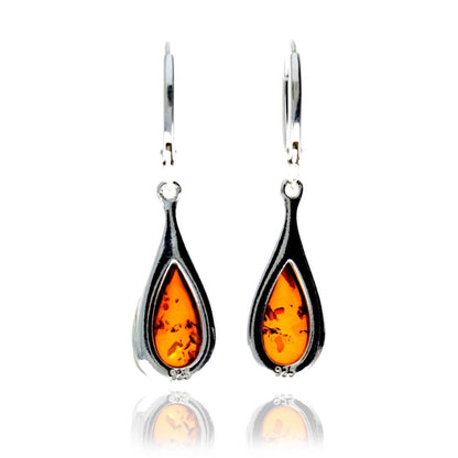 SilverAmber Jewellery - 925 Sterling Silver & Genuine Baltic Amber Modern Drop Earrings - GL1056