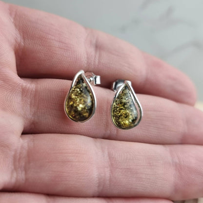SilverAmber Jewellery - 925 Sterling Silver & Baltic Amber Modern Teardrop Studs Earrings - G029S