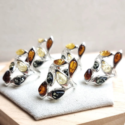 Sterling Silver Multicolour Amber Ring – Cognac, Green & Honey Baltic Amber  Statement Ring