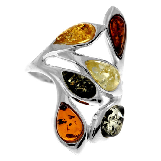 Sterling Silver Multicolour Amber Ring – Cognac, Green & Honey Baltic Amber  Statement Ring