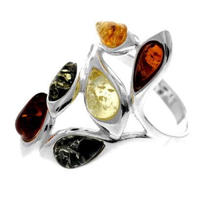 Sterling Silver Multicolour Amber Ring – Cognac, Green & Honey Baltic Amber  Statement Ring
