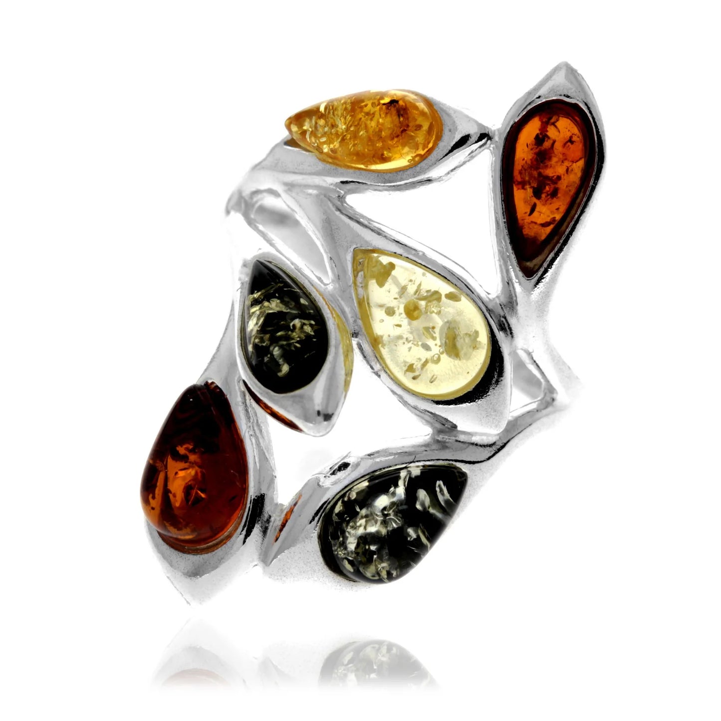 Sterling Silver Multicolour Amber Ring – Cognac, Green & Honey Baltic Amber  Statement Ring