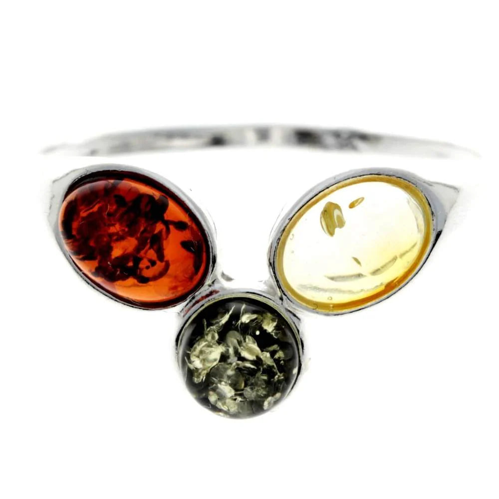 Sterling Silver Three Stone Amber Ring – Multicolour Baltic Amber (Cognac, Green, Yellow) | Adjustable Elegant Jewellery