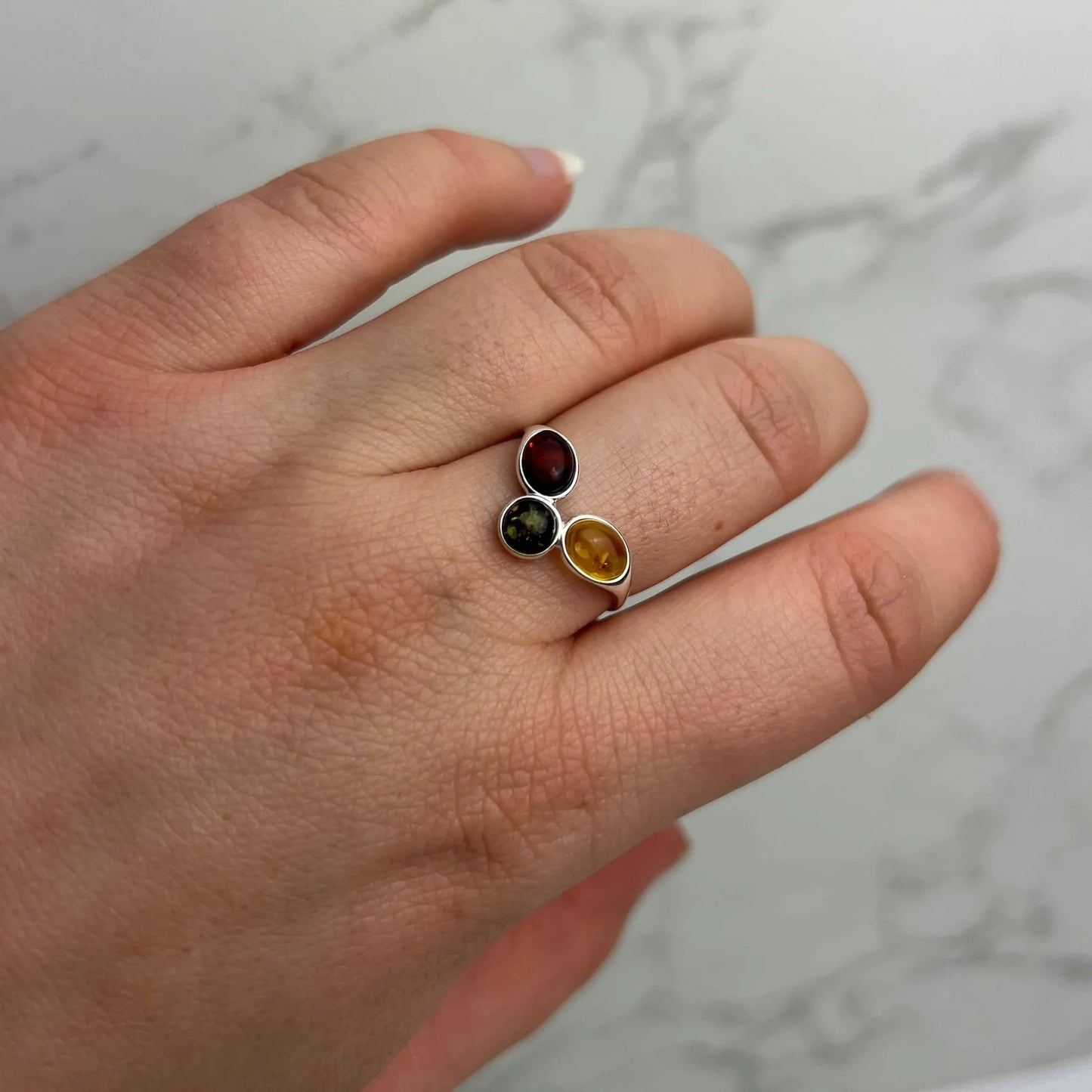 Sterling Silver Three Stone Amber Ring – Multicolour Baltic Amber (Cognac, Green, Yellow) | Adjustable Elegant Jewellery