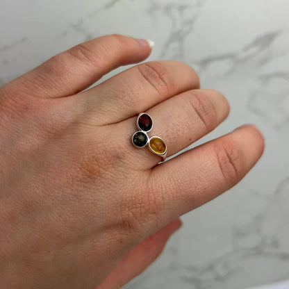 Sterling Silver Three Stone Amber Ring – Multicolour Baltic Amber (Cognac, Green, Yellow) | Adjustable Elegant Jewellery