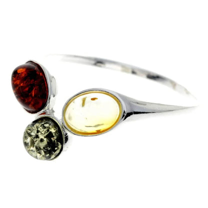 Sterling Silver Three Stone Amber Ring – Multicolour Baltic Amber (Cognac, Green, Yellow) | Adjustable Elegant Jewellery