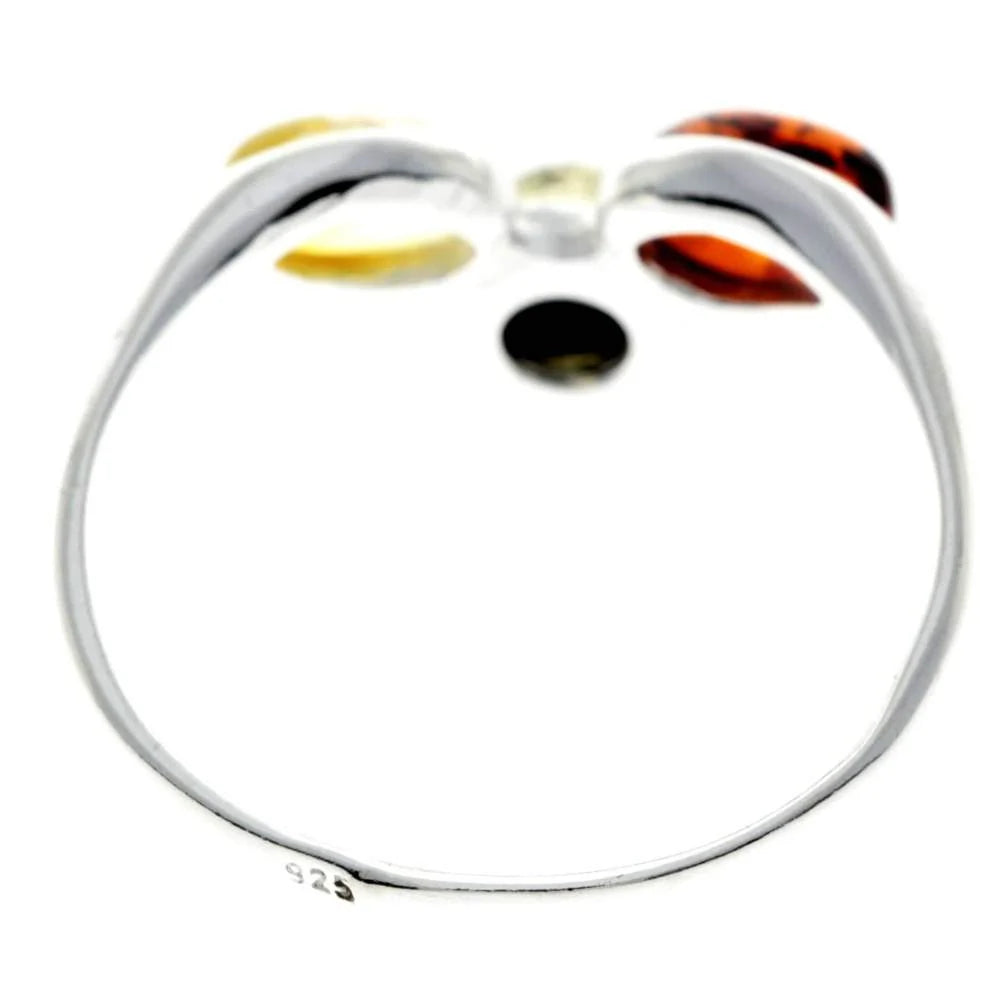 Sterling Silver Three Stone Amber Ring – Multicolour Baltic Amber (Cognac, Green, Yellow) | Adjustable Elegant Jewellery