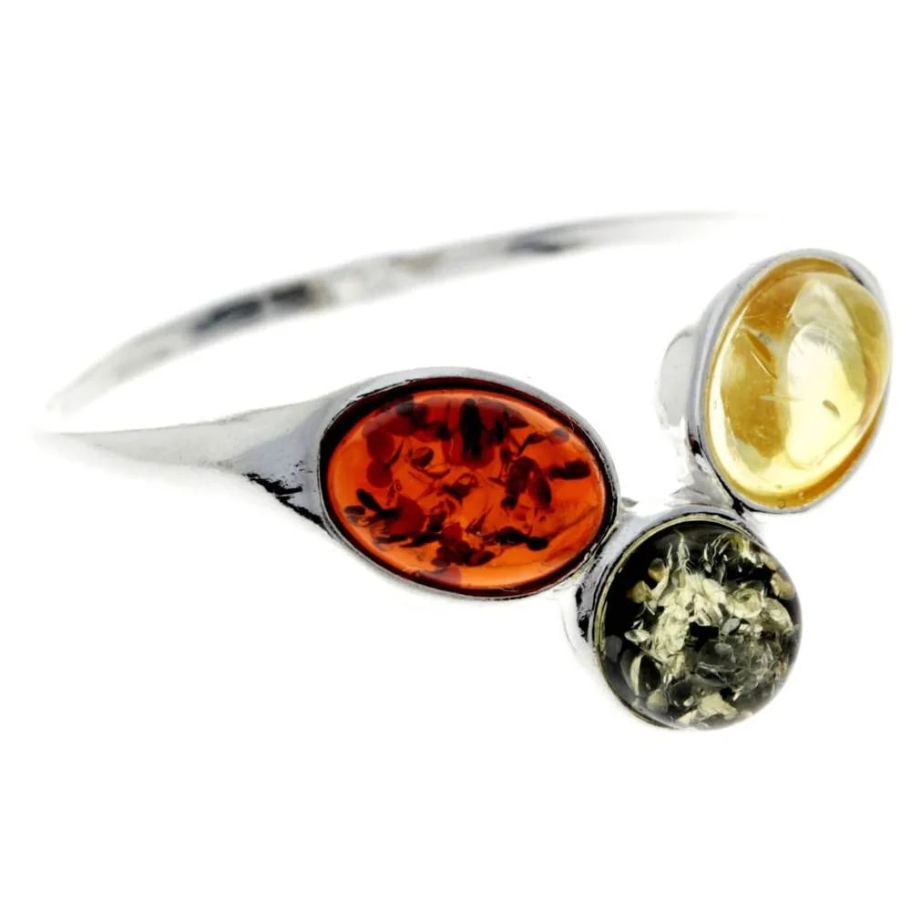 Sterling Silver Three Stone Amber Ring – Multicolour Baltic Amber (Cognac, Green, Yellow) | Adjustable Elegant Jewellery