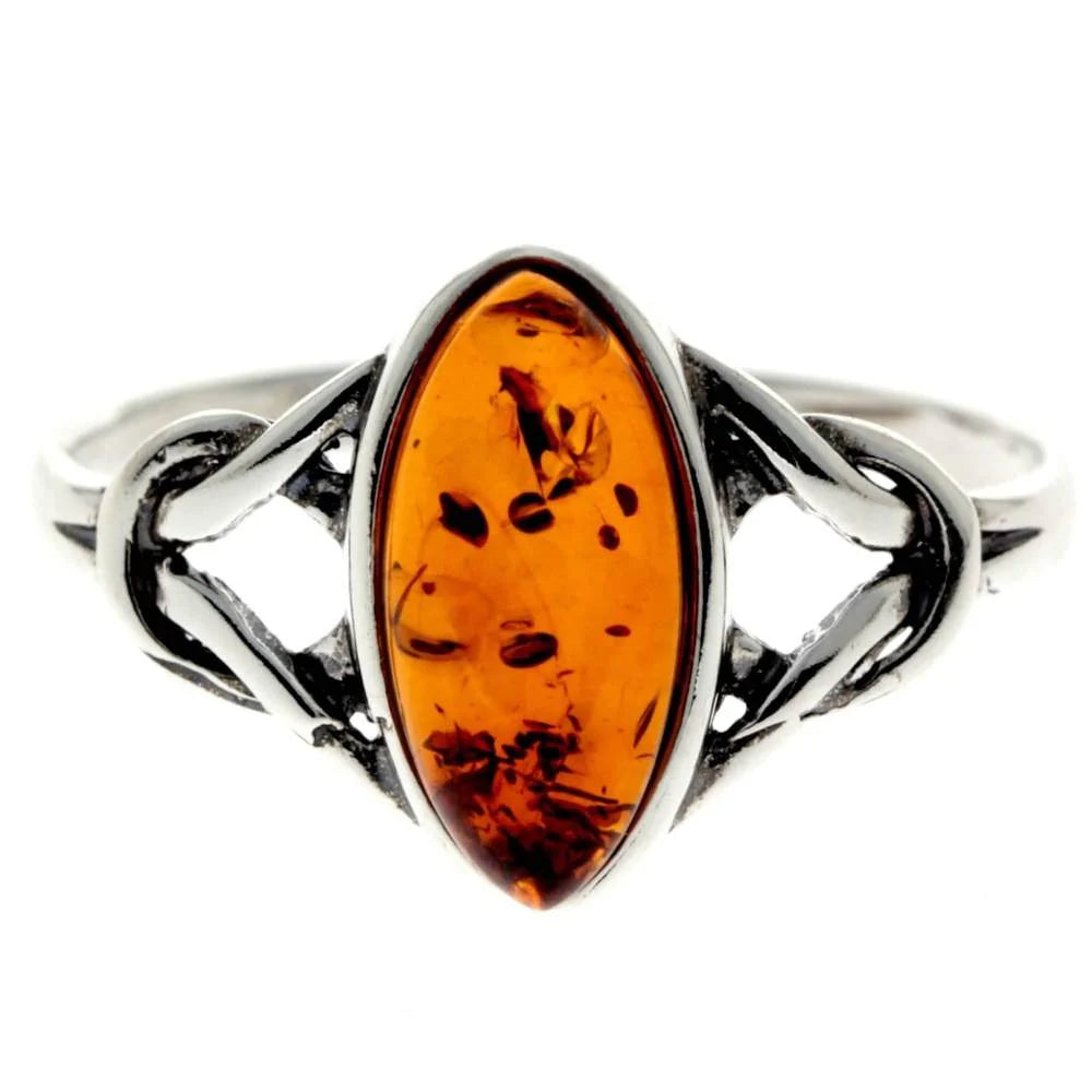 Sterling Silver Celtic Amber Ring – Oval Baltic Amber (Cognac or Green) | Celtic Knot Design