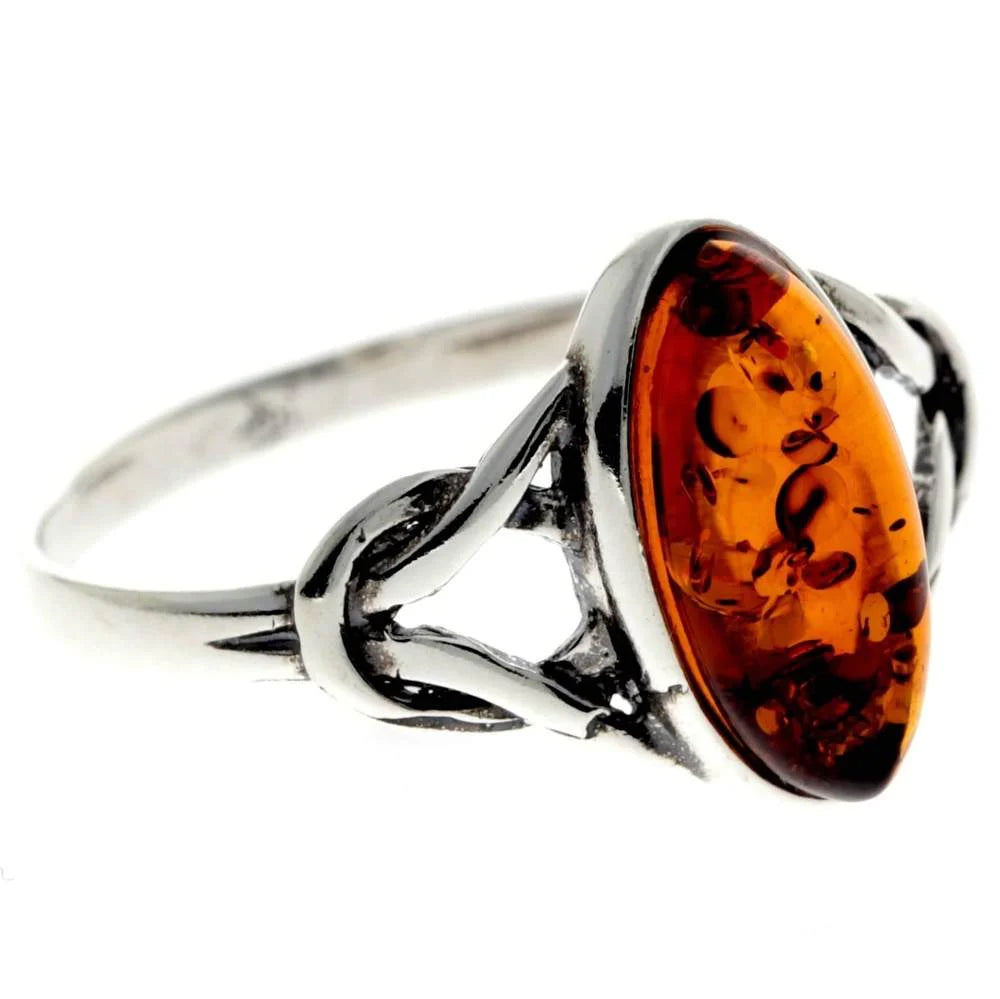 Sterling Silver Celtic Amber Ring – Oval Baltic Amber (Cognac or Green) | Celtic Knot Design