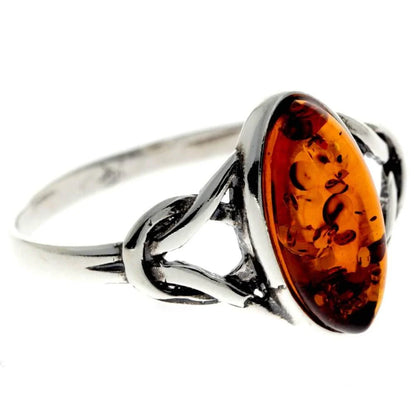 Sterling Silver Celtic Amber Ring – Oval Baltic Amber (Cognac or Green) | Celtic Knot Design