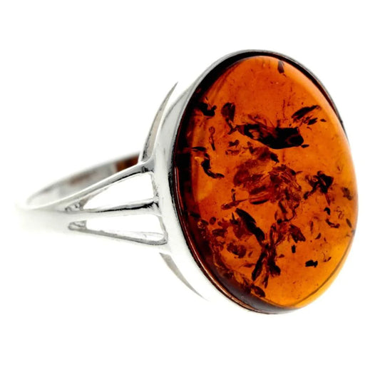 Sterling Silver Oval Amber Ring – Genuine Baltic Amber Statement Ring | Classic Elegant Jewellery