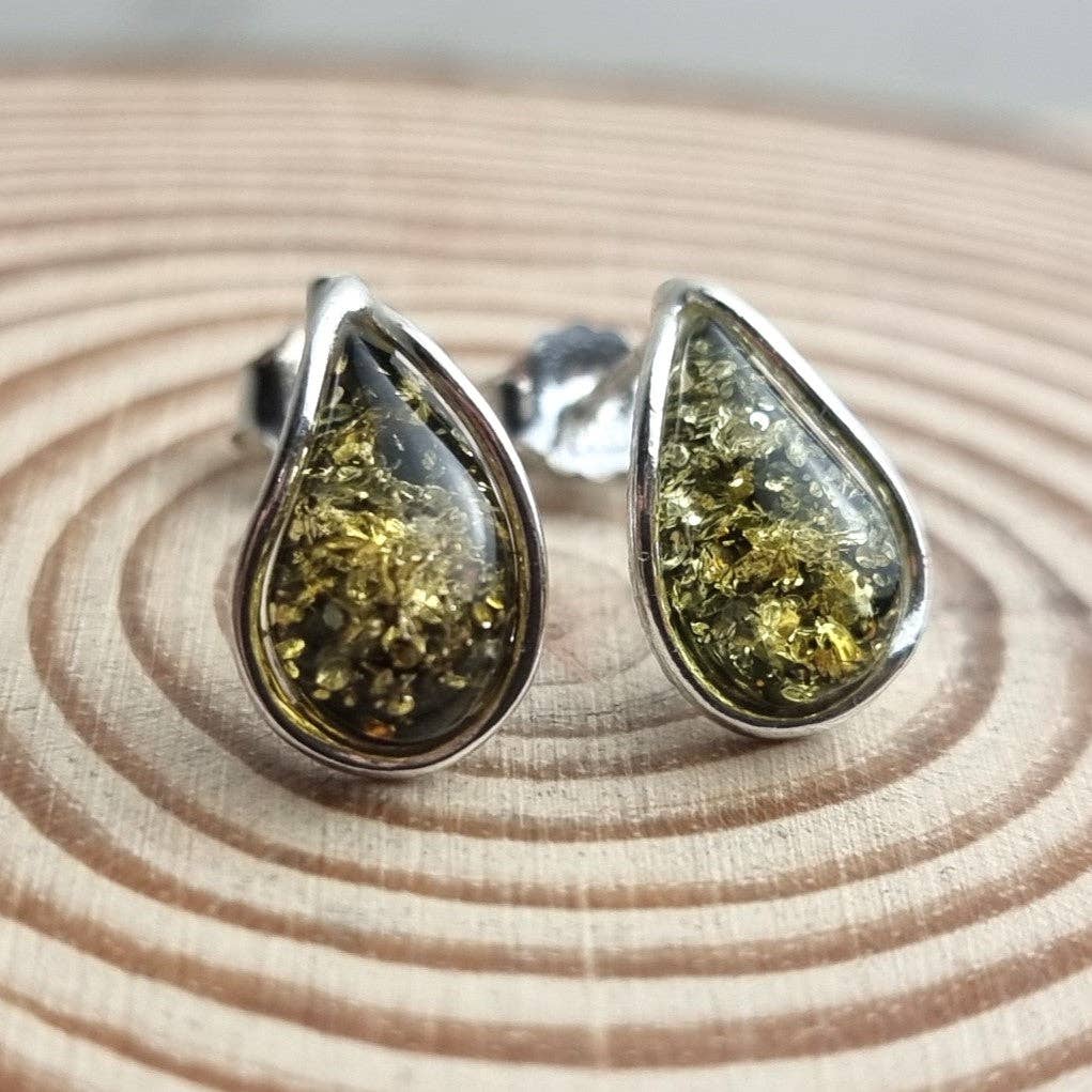 SilverAmber Jewellery - 925 Sterling Silver & Baltic Amber Modern Teardrop Studs Earrings - G029S