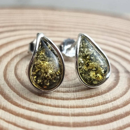 SilverAmber Jewellery - 925 Sterling Silver & Baltic Amber Modern Teardrop Studs Earrings - G029S