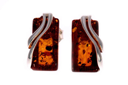 SilverAmber Jewellery - 925 Sterling Silver & Baltic Amber Modern Studs Earrings - GL005