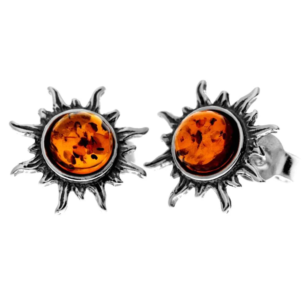 Sterling Silver Baltic Amber Sun Stud Earrings – Solar Design Earrings (Cognac, Green or Yellow)