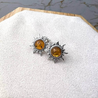 Sterling Silver Baltic Amber Sun Stud Earrings – Solar Design Earrings (Cognac, Green or Yellow)