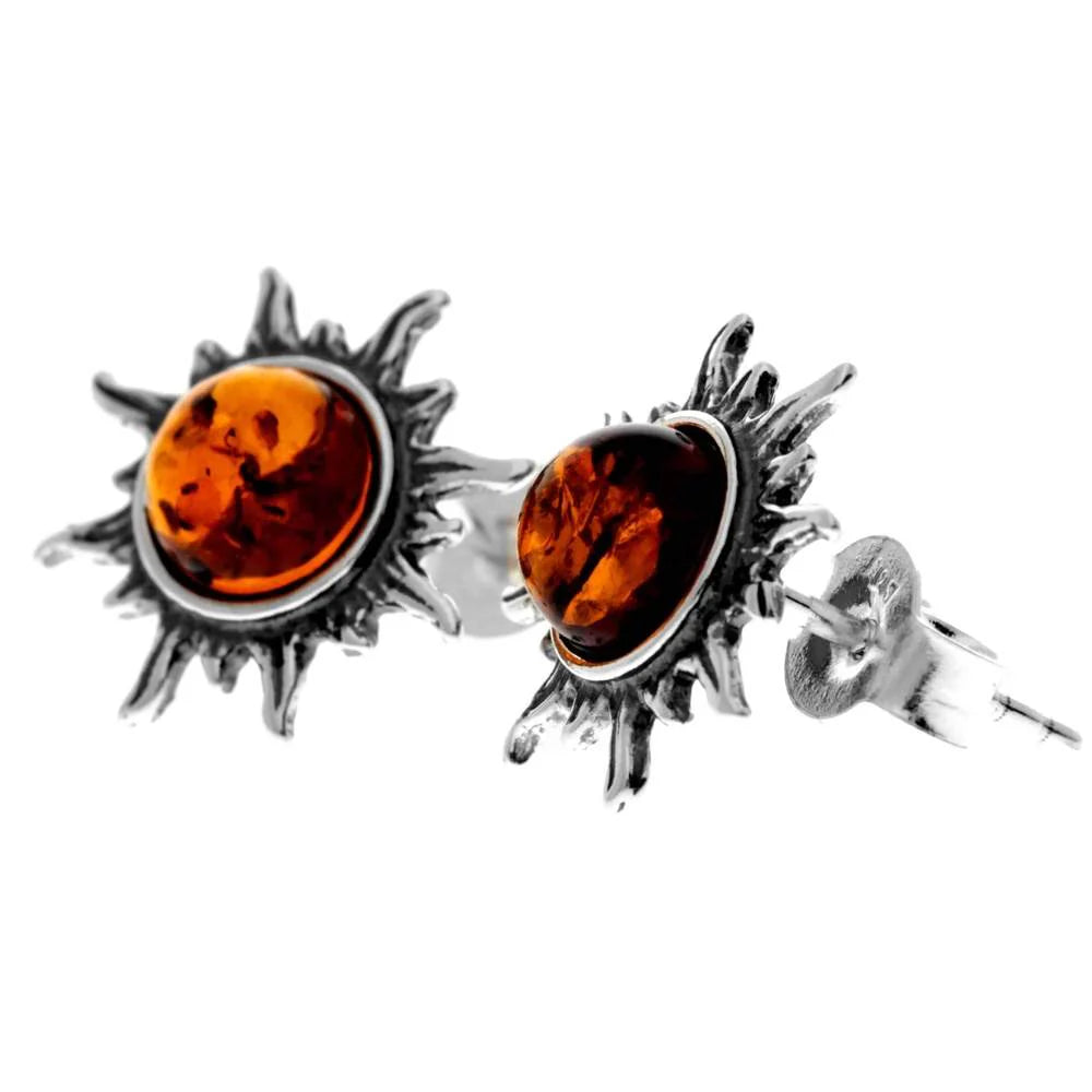 Sterling Silver Baltic Amber Sun Stud Earrings – Solar Design Earrings (Cognac, Green or Yellow)