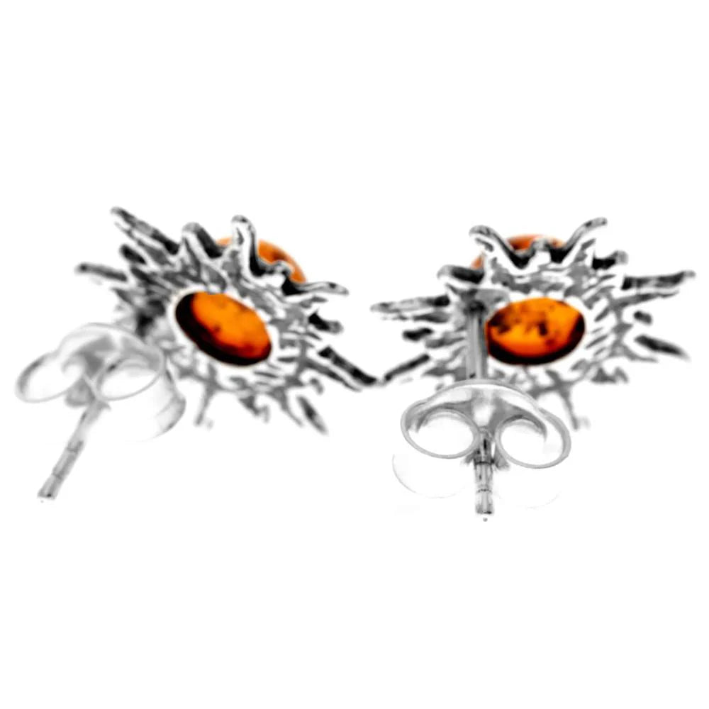 Sterling Silver Baltic Amber Sun Stud Earrings – Solar Design Earrings (Cognac, Green or Yellow)