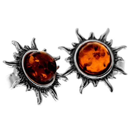 Sterling Silver Baltic Amber Sun Stud Earrings – Solar Design Earrings (Cognac, Green or Yellow)