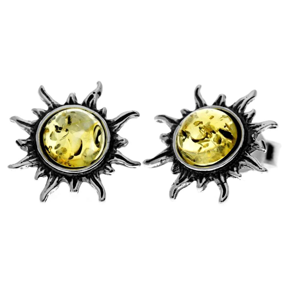 Sterling Silver Baltic Amber Sun Stud Earrings – Solar Design Earrings (Cognac, Green or Yellow)