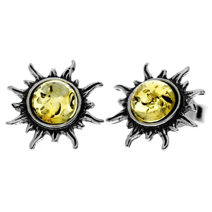 Sterling Silver Baltic Amber Sun Stud Earrings – Solar Design Earrings (Cognac, Green or Yellow)
