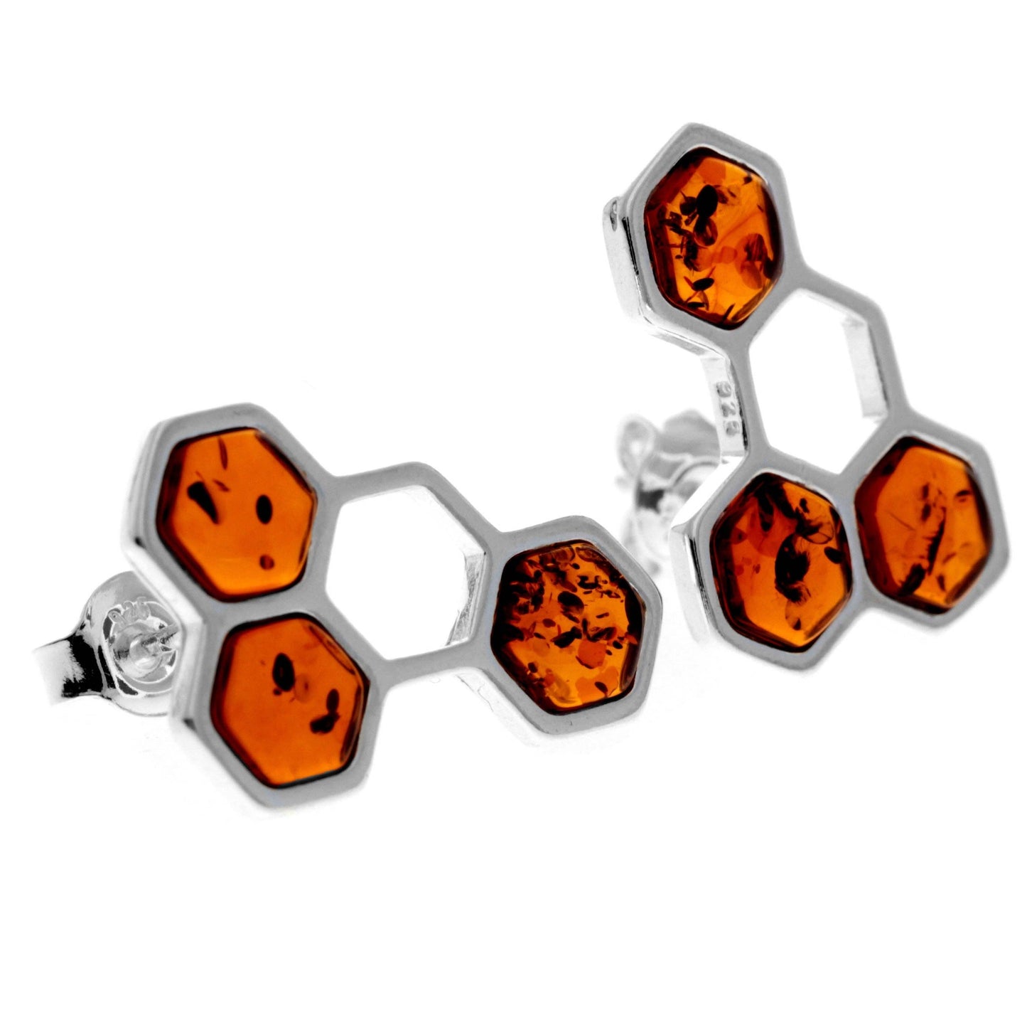 SilverAmber Jewellery - 925 Sterling Silver & Genuine Baltic Amber Honeycombs Studs Earrings - GL1018