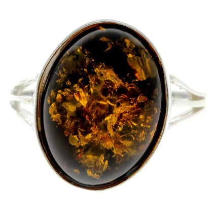 SilverAmber Jewellery - 925 Sterling Silver & Genuine Baltic Amber Classic Designer Ring - 7504